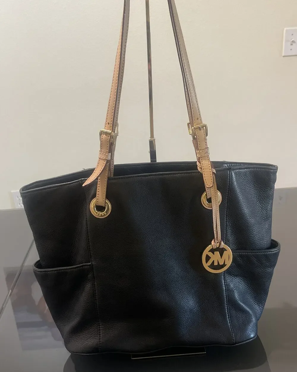 MICHAEL KORS Jet Set Black Pebbled Leather Tote Large Shoulder Handbag